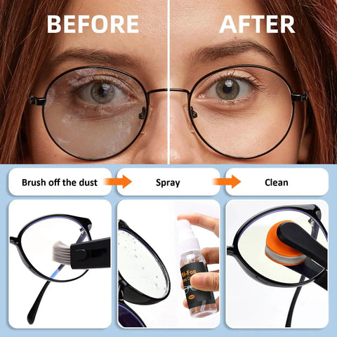 Before and after using Glasses Cleaning Kit With 24H Anti Fog Spray Microfiber Cloths Brush Wipes