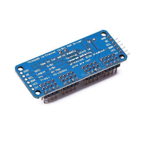 16 Channel PWM Servo Driver Module With I2C Control, blue PCB with pins, 12-bit resolution, for Arduino and Raspberry Pi