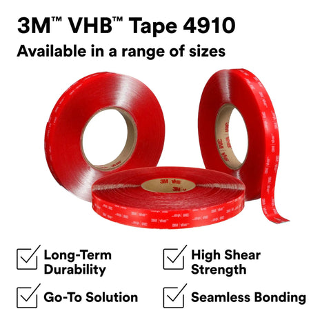 3M VHB Tape 4910 showcasing high shear strength and long-term durability, available in multiple sizes