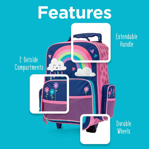 Kids Rolling Luggage For Travel And Sleepovers With Durable Wheels Lightweight Carry On Suitcase For Toddlers And Preschoolers, colorful design with rainbow and flowers, extendable handle, and outside compartments.