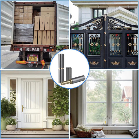 Heavy Duty Weld On Barrel Hinge Set Of 4 For Metal Swing Doors pictured with gates, trailer and home doors. Detachable and weatherproof.