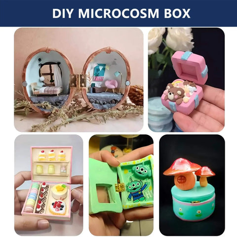 DIY microcosm box with various miniature scenes including a dollhouse and decorative items in small boxes