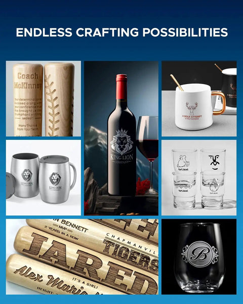 Examples of 360° engraving on bottles, mugs, and wood using Rotary Cutter and Engraver Attachment With Three Jaw Chuck for CO2 lasers