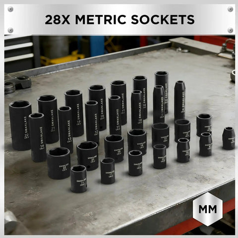 28 metric sockets from Impact Socket Set For Auto Work, 50 Piece Six Point Drive Three Eighths Inch, SAE And Metric Sizes, Cr-V Steel.