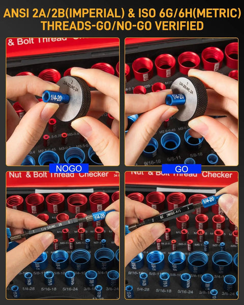 Detail view of 66 Piece Nut and Bolt Thread Checker Kit With 34 SAE Blue and 32 Metric Red Thread Gauges in use.