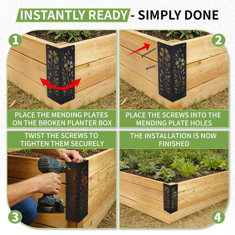 Installation steps for Beefy Wood Corner Brackets Set For Raised Garden Beds, showing metal brackets with screws securing wood corners.