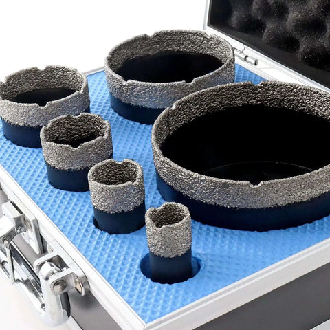 Diamond Core Drill Bits Set 6pc 19mm 25mm 35mm 51mm 76mm 102mm For Porcelain Tile Marble Granite Masonry Brick Dry Wet Drilling Kit With Diamond Finger Bit Pro Grade Heavy Duty Tile Hole Saw Kit displayed in a case