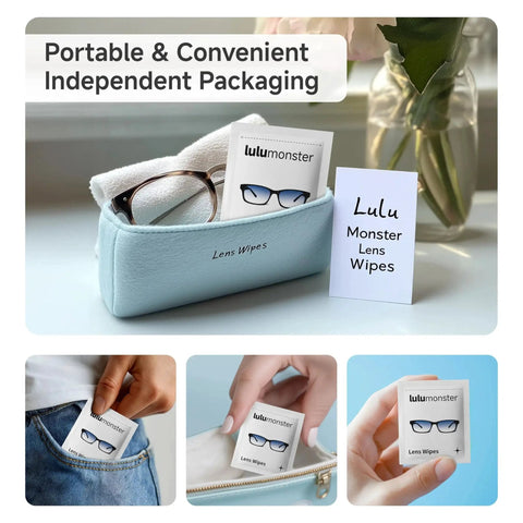 Image of Anti Fog Lens Wipes For Glasses And Screens Premoistened Individually Wrapped in travel case with glasses and pocket use.