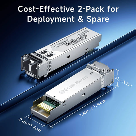 Two Cable Matters 1000BASE-SX SFP to LC multimode fiber transceiver modules, metal housing.