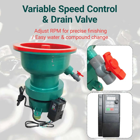 40L Vibratory Finishing Machine With Variable Frequency Drive And 550W Copper Motor Pro Grade Polyurethane Lined Tumbler shown with control panel and drain valve for metal deburring chamfering and finishing 220V