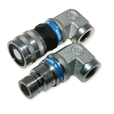 TL Topline 1/2 in hydraulic quick-connect couplers with 90° elbow; 1/2 in NPT thread, ISO 16028 heavy-duty, dust caps.