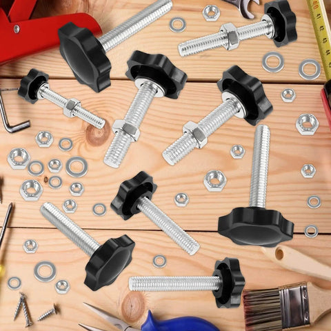 28 Sets M4 M5 M6 M8 Star Hand Knob Tightening Screws With Nuts And Washers Stainless Steel Thread Clamping Knobs on wood surface
