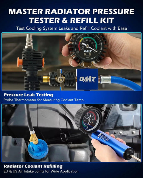 Hands using the All In One 31pc Coolant Pressure Tester Kit With Vacuum Pump And Refill Tool, 23 Radiator Adapters, universal adapter.