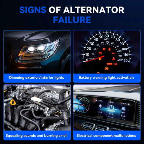 Signs of alternator failure including dimming lights, battery warning, engine issues, and electrical malfunctions.