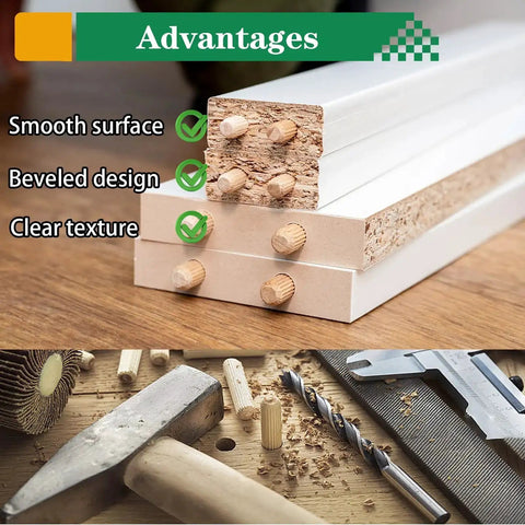 255 Piece Wood Dowel Set With One Quarter, Five Sixteenths, And Three Eighths Inch Fluted Dowels For Crafts And Furniture DIY, shown in use with tools on a table.
