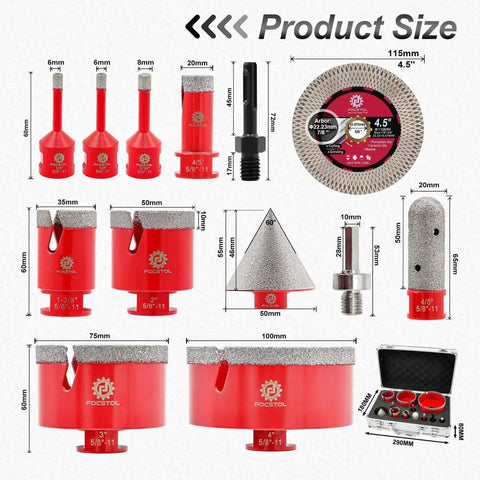 Pro Grade Diamond Tile Hole Saw Kit 13pc For Porcelain Ceramic Marble Core Drill Bit Set with various sizes and tools visible