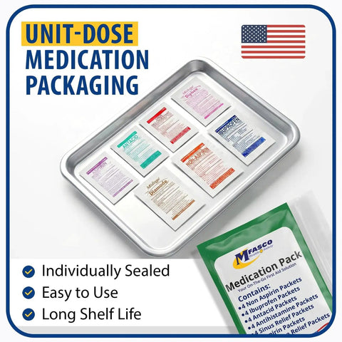 7 In 1 Travel Size Medicine Kit TSA Approved For On The Go Essentials With 28 Unit Dose OTC Packets displayed on a tray