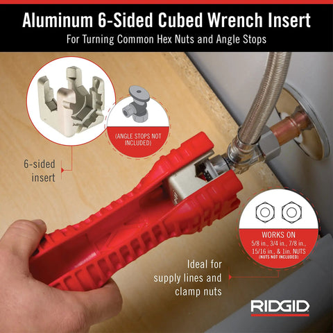 No Fuss Under Sink Faucet Install And Removal Wrench With 6 Sided Cube Insert For Five Eighths, Three Quarters, Seven Eighths, Fifteen Sixteenths And One Inch Nuts Ridgid EZ Change Tool for supply lines and valves