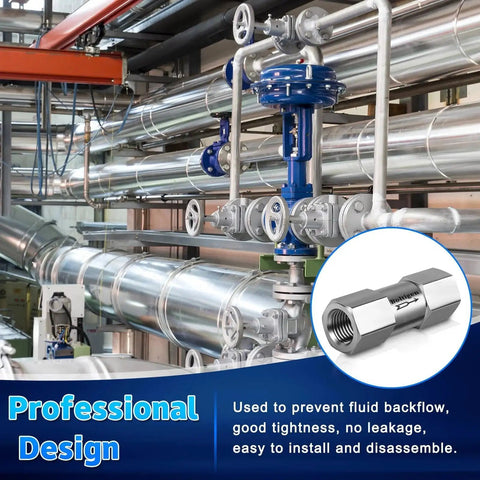 Heavy Duty Stainless Steel 304 One Half Inch NPT Spring Check Valve Built For Industrial Use With 1000 PSI Rating And Minus Twenty Celsius To Two Hundred Celsius Operating Range Two Port NPT Connections shown in industrial piping setup