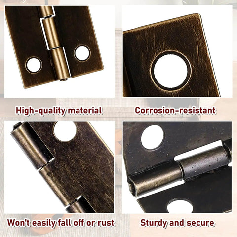 Close-up of 60 Pcs Mini Hinges Set For Crafts showcasing hinge details, corrosion resistance, durability, and security.