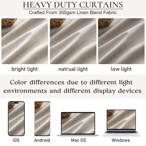 Heavy duty curtains showing fabric texture under bright, natural, and low light conditions with device display variations.