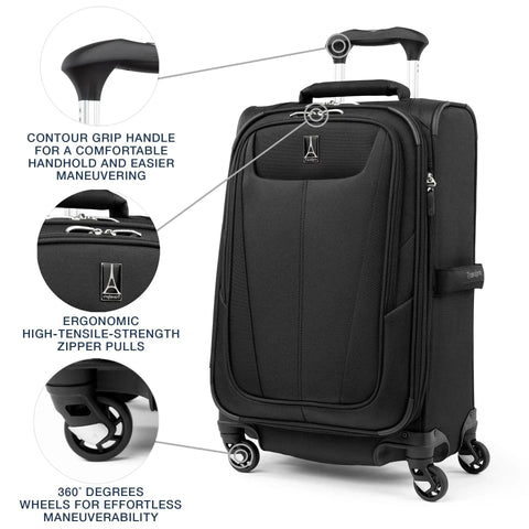 Ultra Lightweight 21 Inch Carry On Luggage With 4 Spinner Wheels Expandable Softside Suitcase For Men And Women Built For International Travel Travelpro Maxlite 5 shown with contour grip, zippers, and wheels.