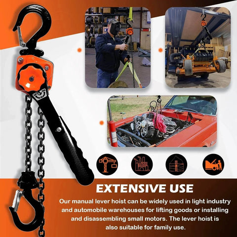 0.5 Ton Mini Lever Chain Hoist 5 Ft Ratchet Chain Puller with heavy duty hooks used in automotive and industrial tasks