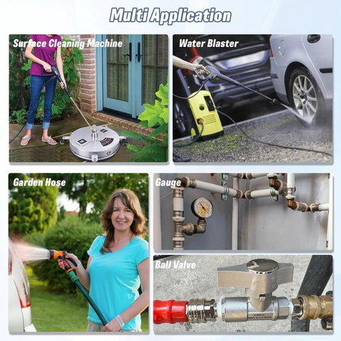 Pressure Washer Quick Connect Kit Three Eighths Inch NPT Stainless Steel Hose Fittings Adapter Set Eight Pieces for Fast Connect and Disconnect Ideal for Power Washers shown in various applications, including surface cleaning, water blasting, garden hose, gauge, and ball valve.