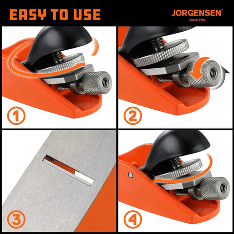 Close-up steps to use Mini Wood Planer for Woodworking Pro Grade Hand Plane for Trimming and Finishing, Small Block Plane with Ductile Iron Body, Adjustable Cutting Depth, O1 Tool Steel Blade, Jorgensen No101.