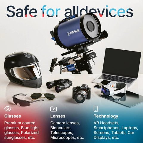 Variety of devices compatible with Glasses Cleaner Spray Kit Microfiber Cloth Alcohol Free Lens Cleaner Made In USA, including camera, telescope, helmet, glasses, VR headset, laptop.