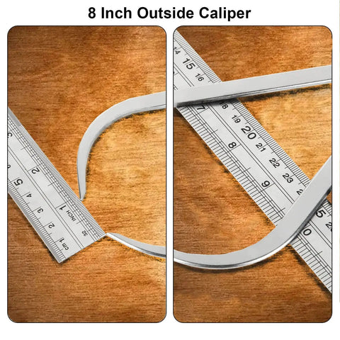 Pro Grade 8 Inch Spring Caliper Set For Woodworking Carbon Steel Outside Caliper measuring against a metal ruler on wood surface