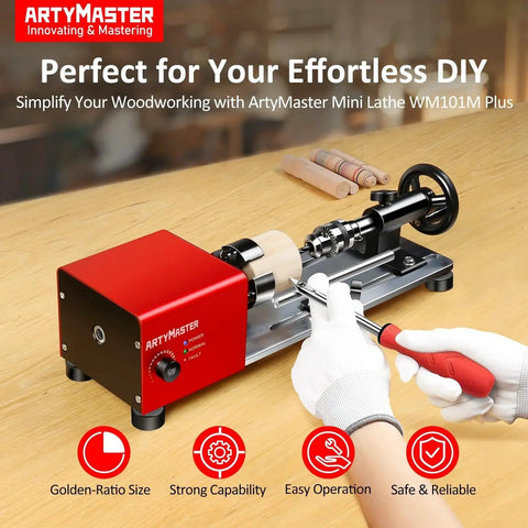 Compact Mini Wood Lathe For DIY Projects With Infinitely Variable Speed 24VDC 96W Benchtop Lathe Includes Wood Turning Tools Kit Low Noise Under 65dB Ideal For Small Shops ArtyMaster WM101A-Plus