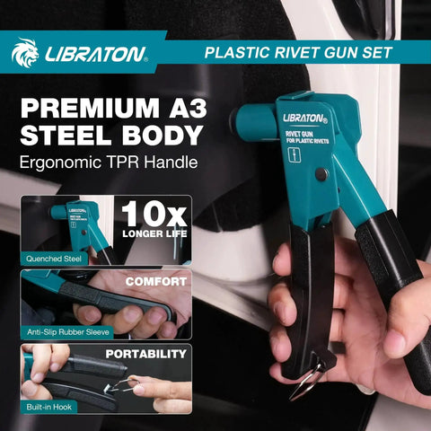 Lightweight 90 Degree Plastic Rivet Gun Kit With One Hand Riveter 40 Nylon Rivets Four Sizes Universal Nosepiece For Automotive And Electronics Ergonomic Grip And About Fifty Percent Lighter Force For Easy Everyday Use