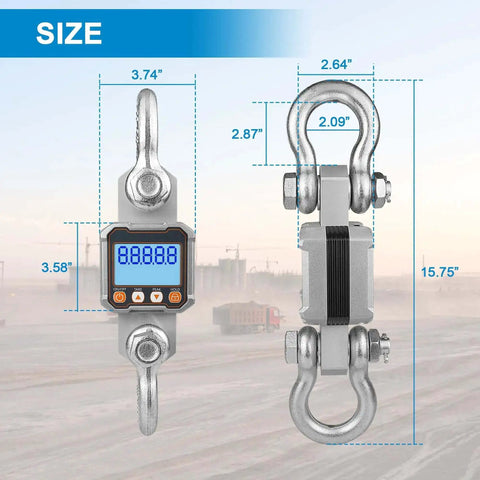 Beefy Heavy Duty Digital Crane Scale 5000kg 11000lb With Remote Control Industrial Hanging Scale with dimensions and digital display.