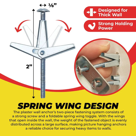 Spring Toggle Bolt Anchors Heavy Duty Wall Anchors For Hollow Walls One Eighth Inch By Two Inches Stainless Steel Pack Of 20 For Hanging Frames Shelves Mirrors And More High Load Support In Small Holes featured in open and installed views