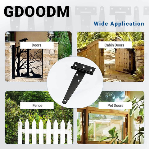 Visual application of 12 Pack 4 Inch T Strap Hinges Black For Shed Barn Gates And Fences on doors, cabin doors, fences, and pet doors.