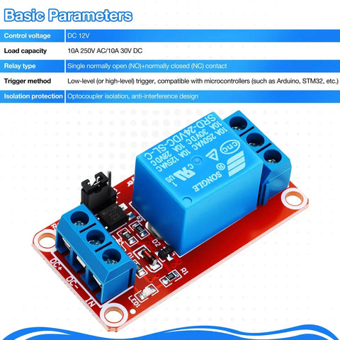 12V DC Relay Module With Optocoupler Isolation, One Channel, High Low Level Trigger, showing control voltage, load capacity, relay type.