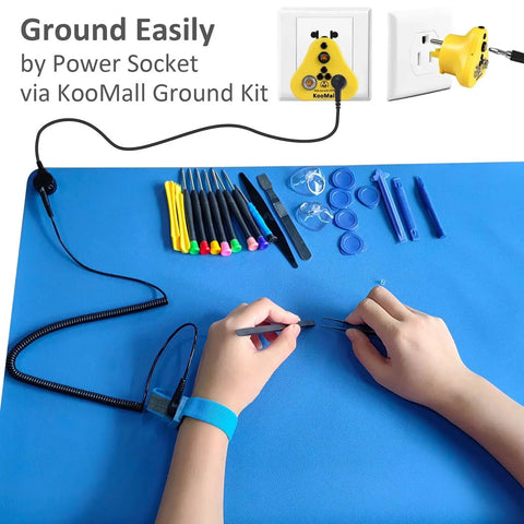 ESD Rubber Mat for Workbench 60x24 Inches with Leather Textured Surface Anti Static Grounding Kit displayed with tools
