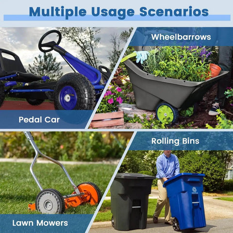 Heavy Duty Push Nut Cap Set For Five Eighths Inch Axles, Built Tough With Spring Steel Permanent Washer Caps, shown in use on pedal car, wheelbarrow, lawn mower, and rolling bins.