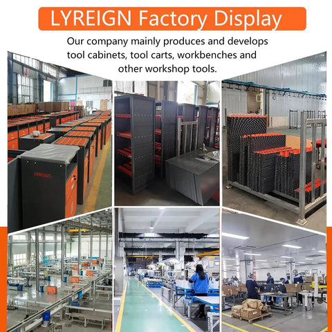 LYREIGN factory display showcasing tool cabinets, tool carts, workbenches, and workshop tools in a manufacturing setting.