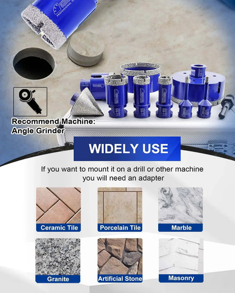 Diamond Tile Drill Bits Set 10 Piece For DIY Pros Porcelain Ceramic Marble Granite Dry And Wet Drilling displayed on surface.