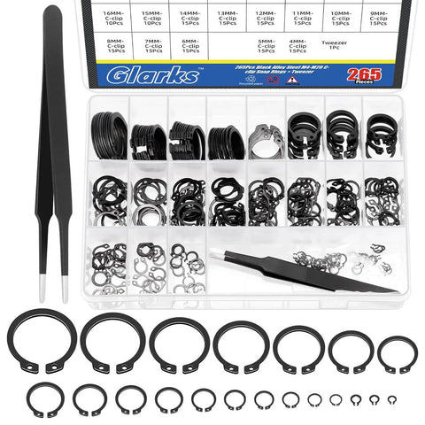 266 Piece 21 Sizes C Clip External Retaining Rings Set With Tweezer 65Mn Steel Snap Ring Kit For Axles Shafts And Moving Parts Pro Grade Heavy Duty Circlip Assortment For Shop And Automotive, showing organized rings and tweezers.