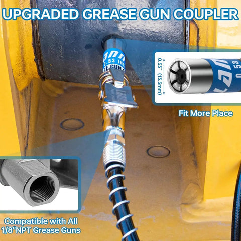 Heavy Duty 8000 PSI Pistol Grip Grease Gun Kit With 14 Oz Capacity 0.53 Inch Coupler And 90 Degree Adapter in use on equipment