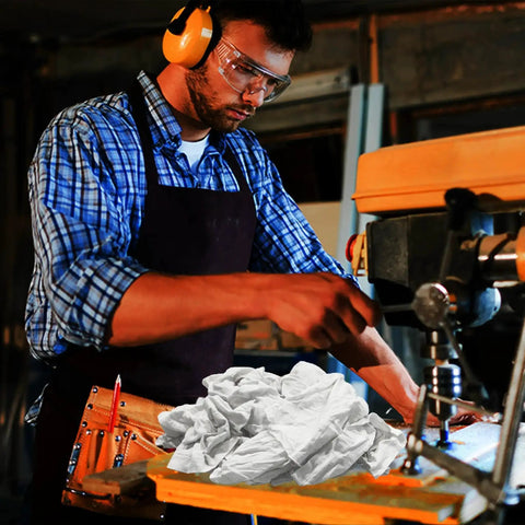 Recycled White T Shirt Cleaning Rags Bulk 50 Lb Box High Absorbency For Oil Spills Grease Paint Auto Detailing on workbench