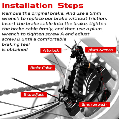 DYISLAND XT-7 black e-bike brake caliper with installation labels: Brake Cable, A to lock, B to adjust, 5mm wrench.