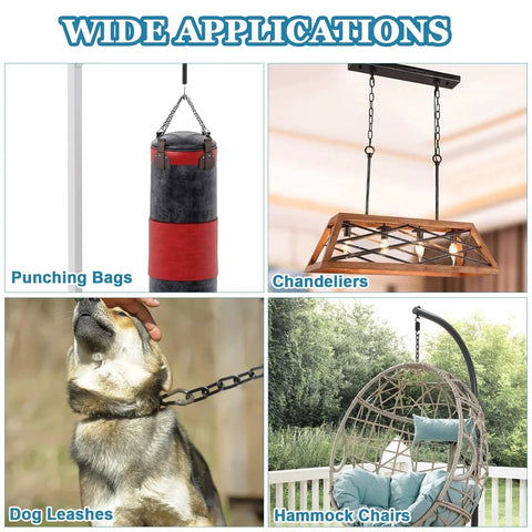 Wide applications of 26.2 Ft Black Chain Link Heavy Duty 3 Sixteenth Inch Carbon Steel Hanging Chain Kit, used for chandeliers, punching bags, dog leashes, and hammock chairs.