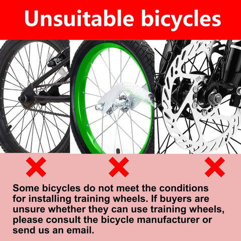 Unsuitable bicycles for Quiet Training Wheels Kit For 12 To 20 Inch Kids Bikes, image shows incompatible wheel designs.
