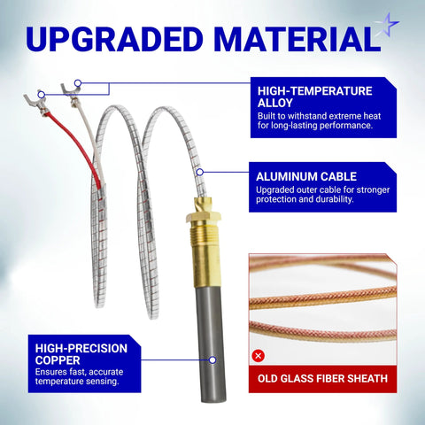BlueStars Upgraded Q313A thermopile, 750mV, 24in aluminum braided sensor with brass connector for gas appliances.