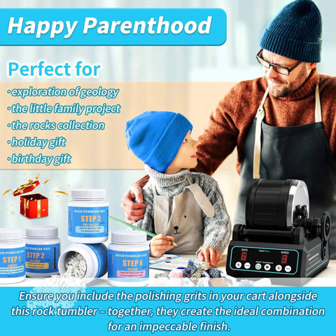 Pro Grade Brushless Rock Tumbler Polisher Kit with 2.5Lb Large Barrel, three speed settings, timer, accessories shown