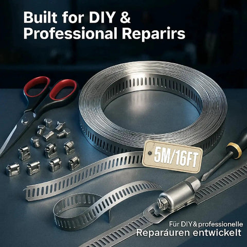 Stainless Steel 304 Hose Clamp Kit, 16 ft strap, 12 fasteners, scissors, suitable for DIY and professional repairs.